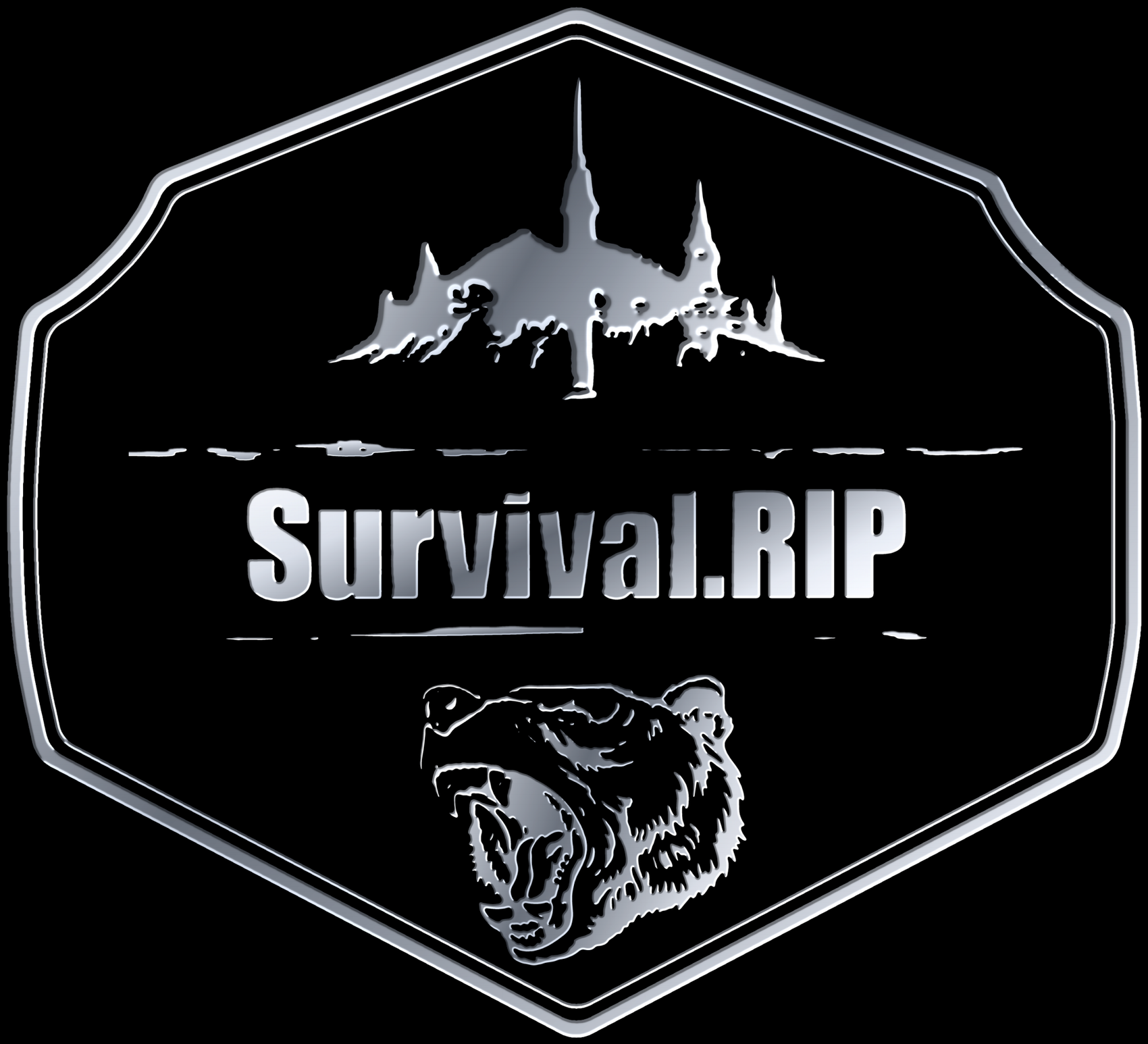 Survival.RIP badge: castle, wordmark and roaring bear inside a silver frame